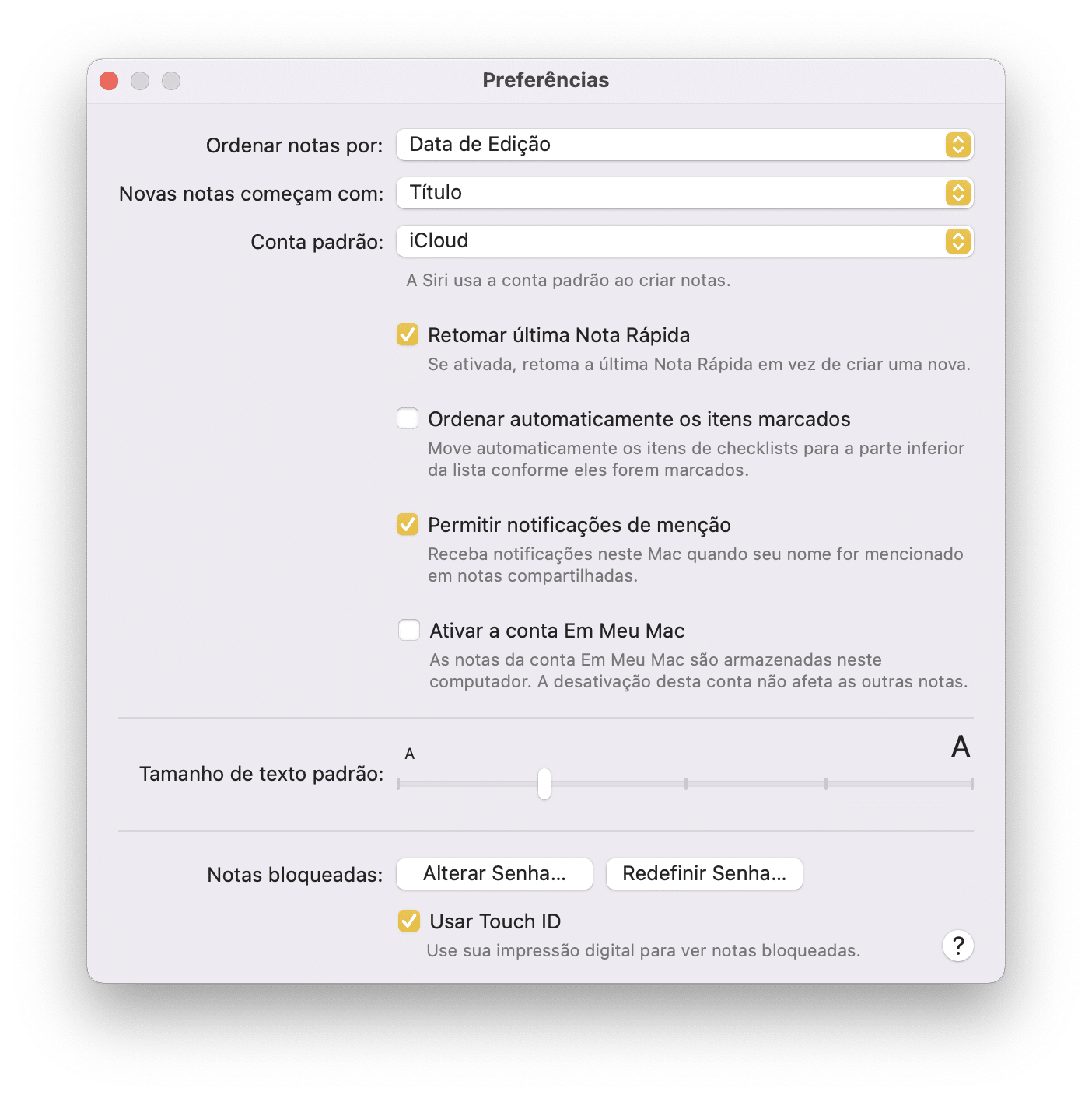 Preferências do app Notas no macOS