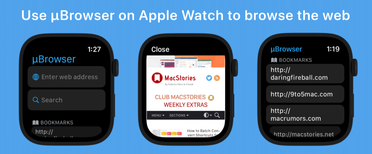 Imagens do μBrowser no Apple Watch