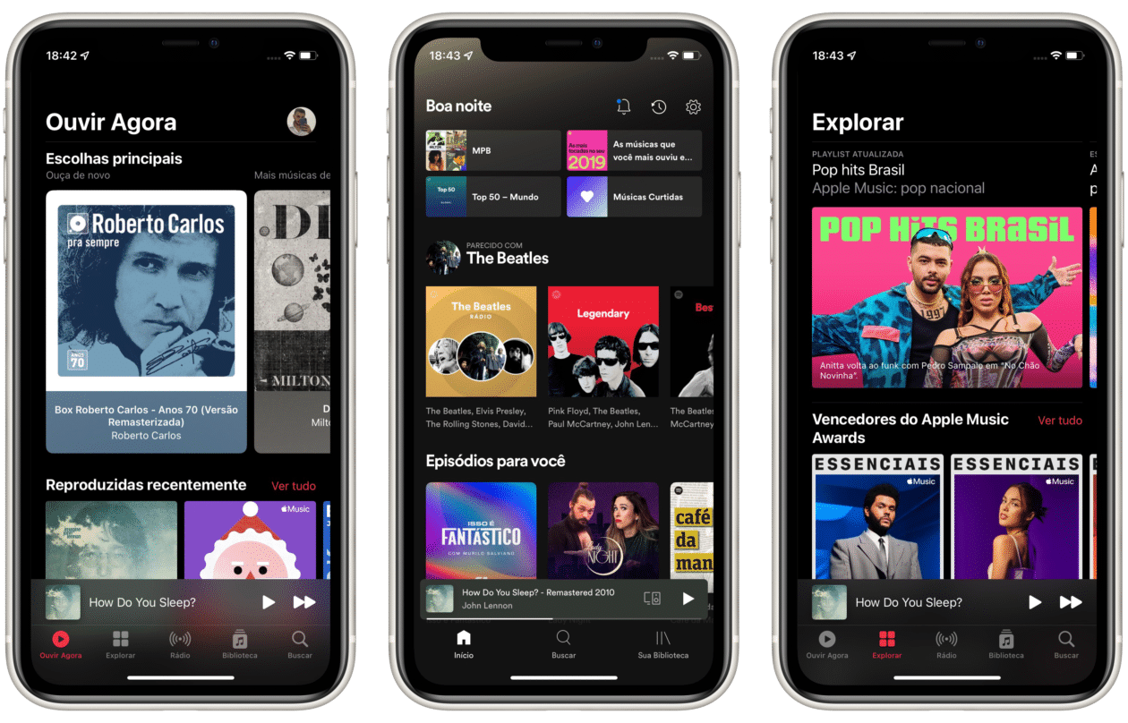 Abas Ouvir Agora (Apple Music), Início (Spotify) e Explorar (Apple Music)