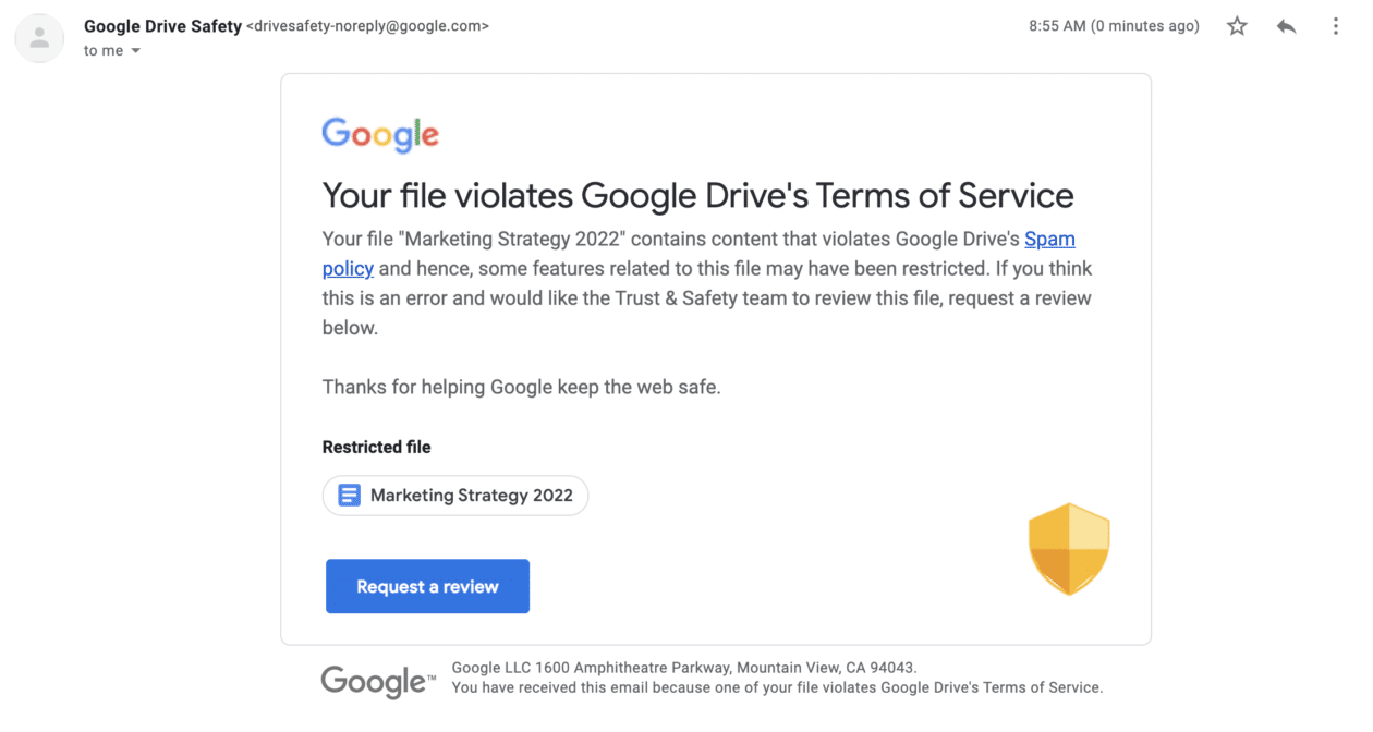 Email enviado pelo Google