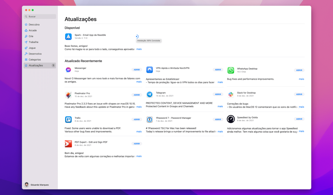 Progresso de instalação na Mac App Store