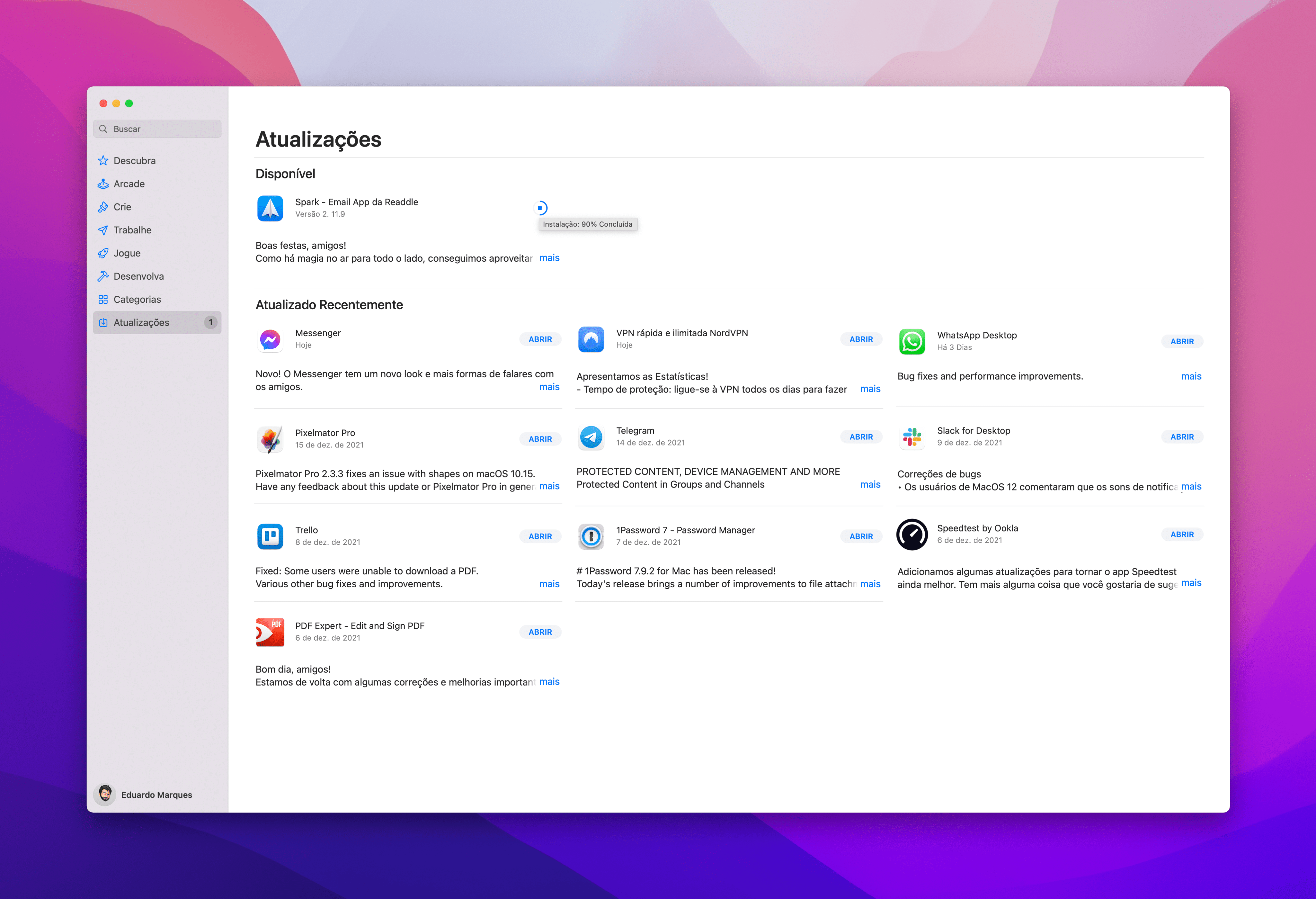 Progresso de instalação na Mac App Store