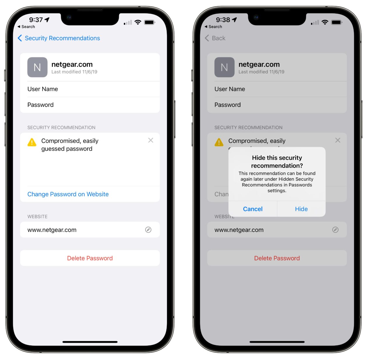 Apagar recomendações de segurança de Senhas do iCloud no iOS 15.4
