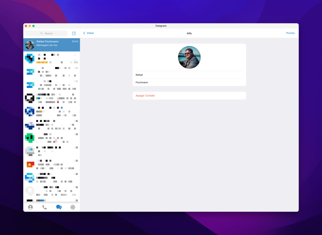 Apagando um contato no Telegram para macOS