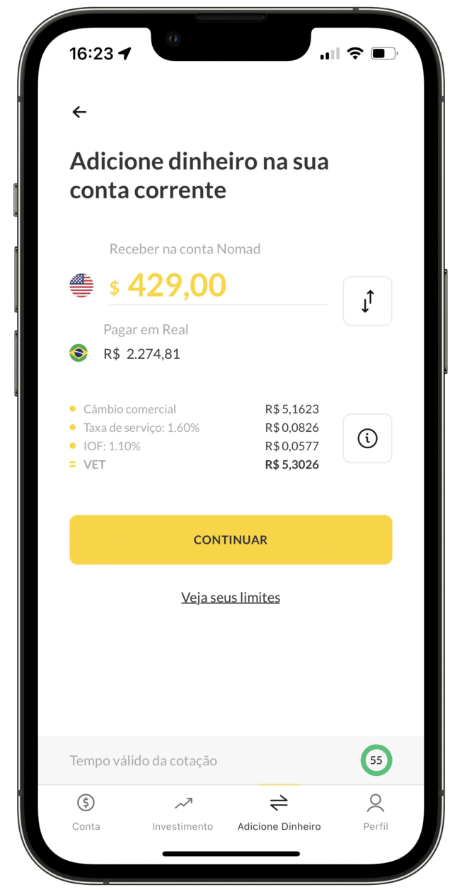 Transferindo dinheiro com a Nomad (valor do iPhone SE)