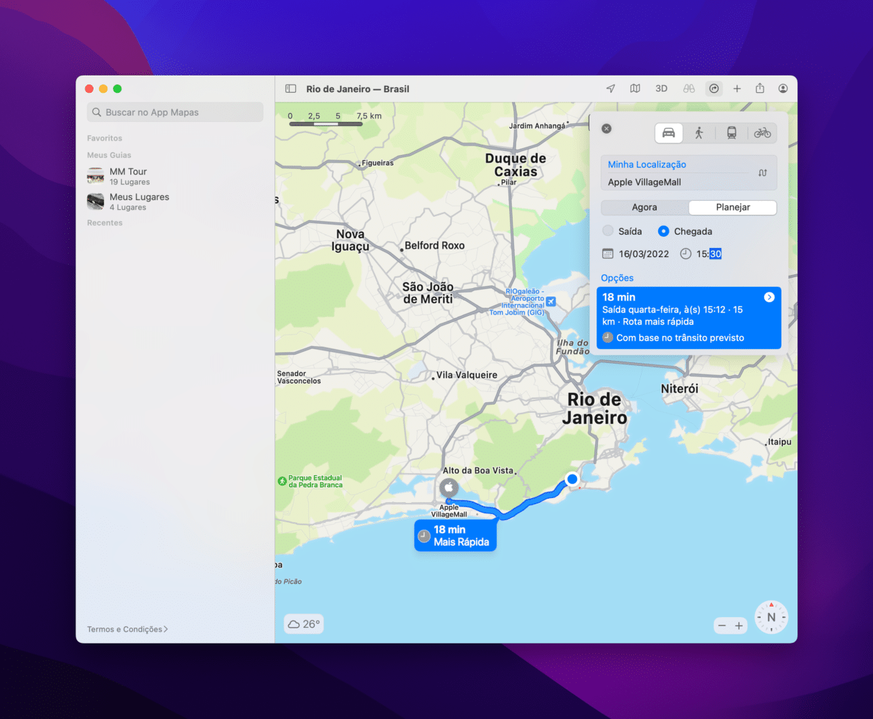 Tempo de chegada e partida no app Mapas do macOS