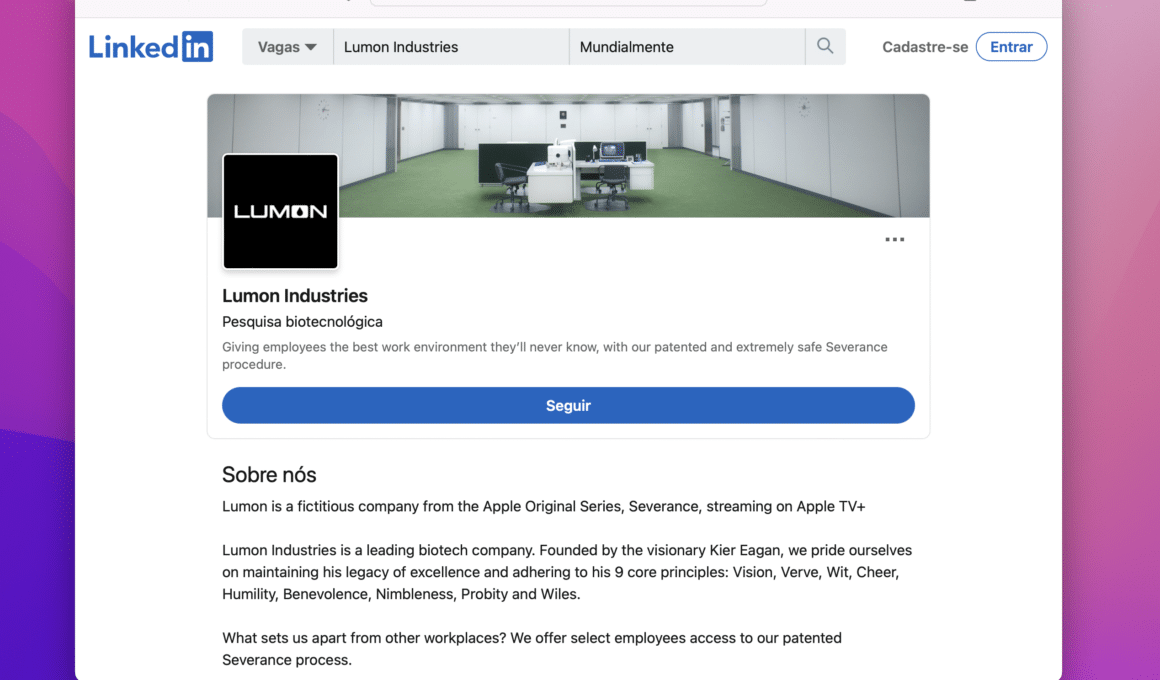 Página da Lumon Industries, de "Ruptura", no LinkedIn