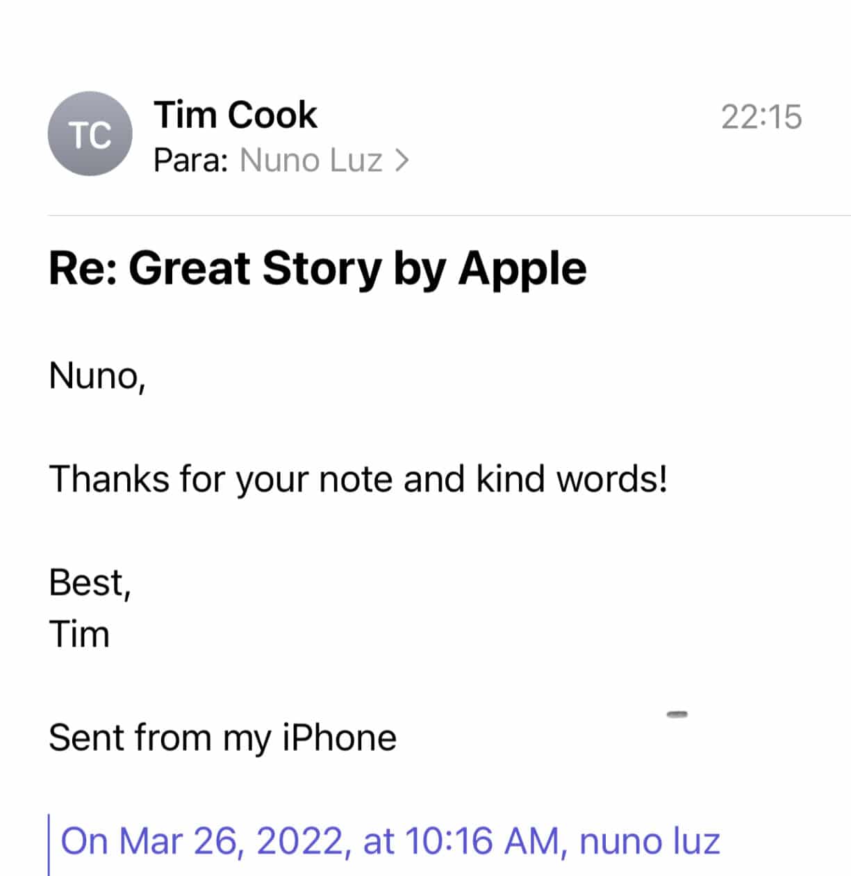 Email de Tim Cook para Nuno Luz