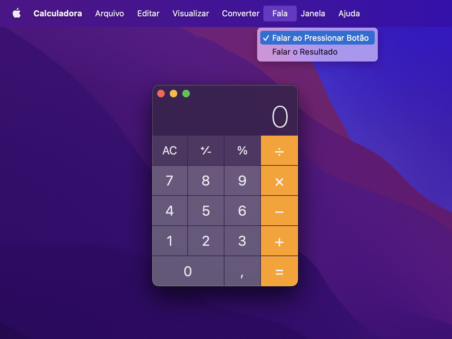 Calculadora do macOS falando números e resultados