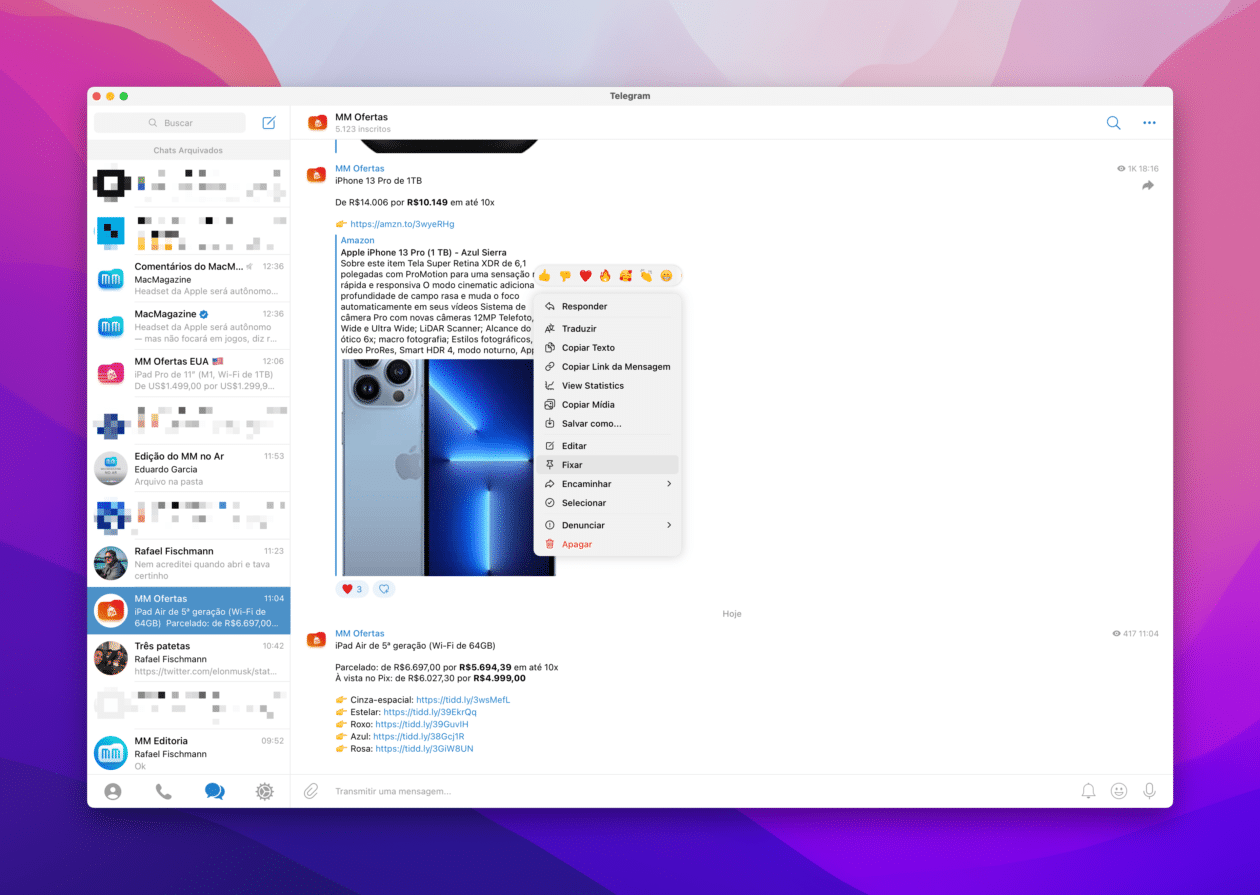 Fixando uma mensagem no Telegram para macOS