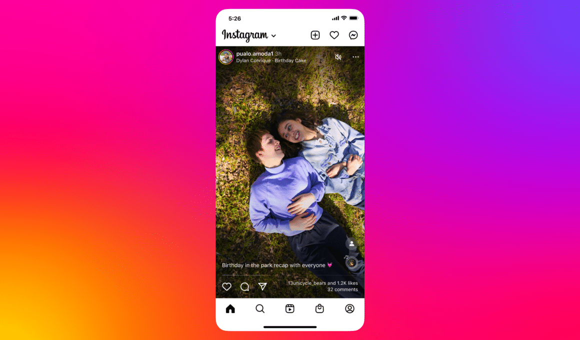 Teste do Instagram com conteúdo ocupando a tela toda