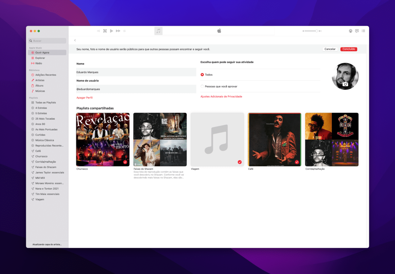 Liberando ou não o acesso às suas playlists no Apple Music (Mac)