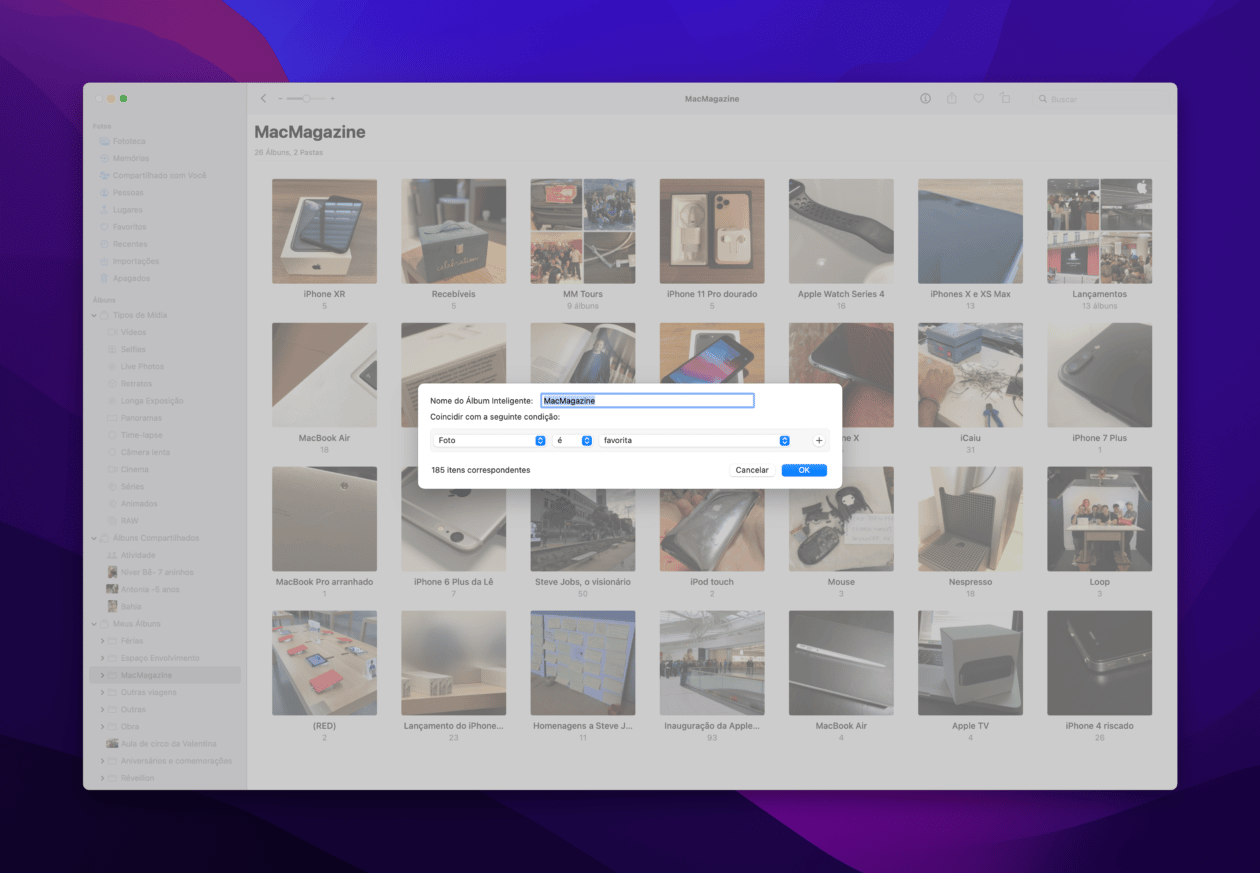 Criando álbuns inteligentes no app Fotos do macOS