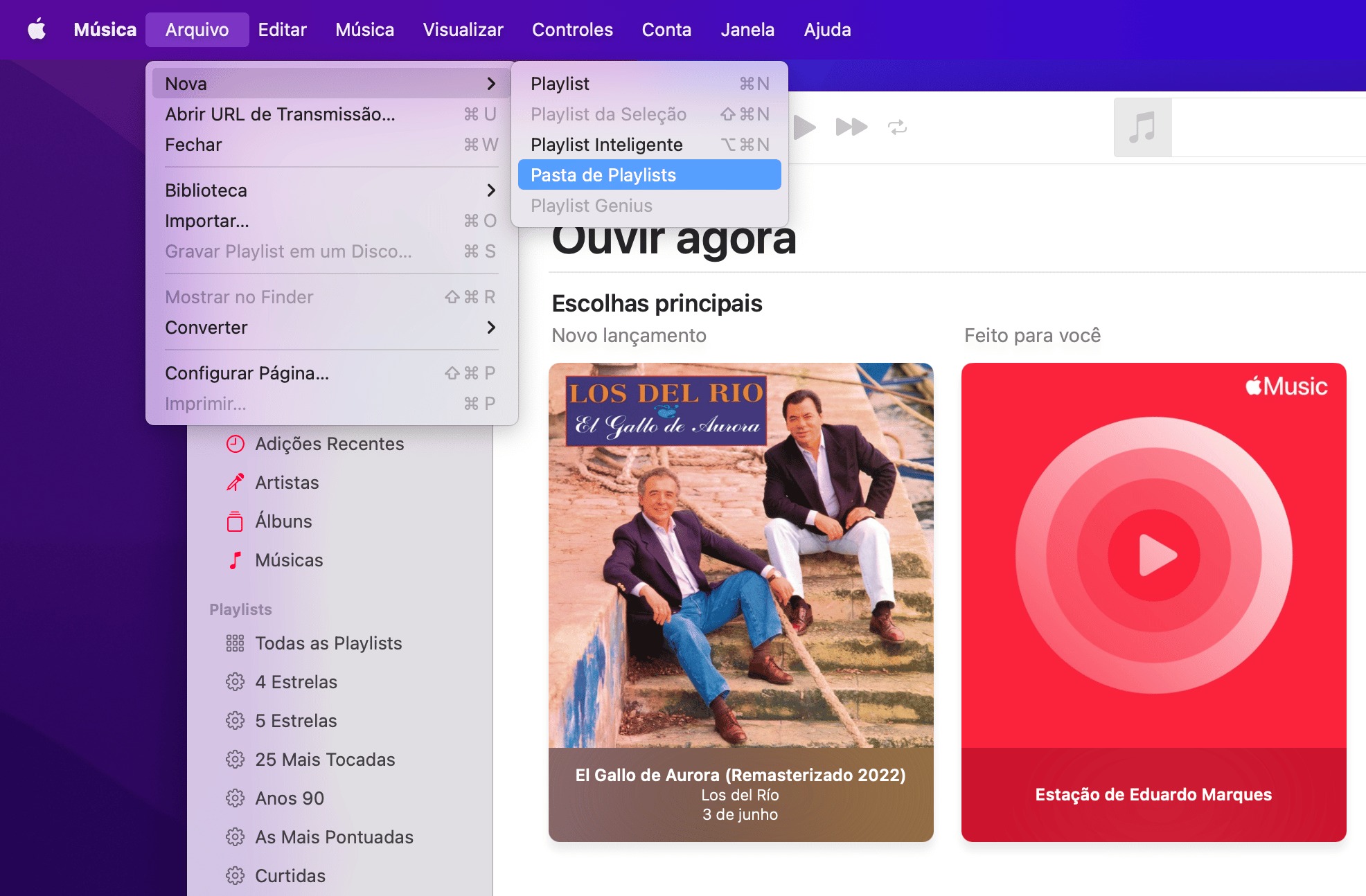 Criando pastas para playlists no app Música do macOS