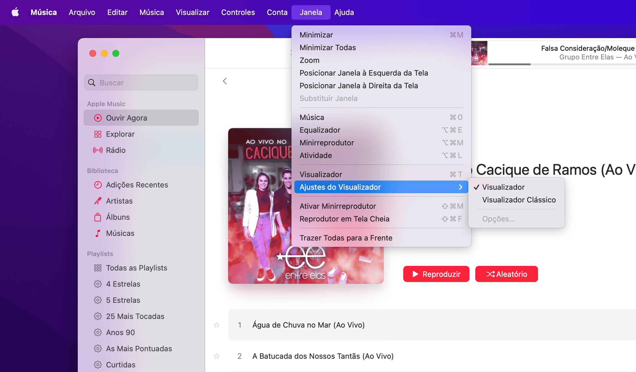 Ativando o recurso "Visualizador" do app Música no macOS