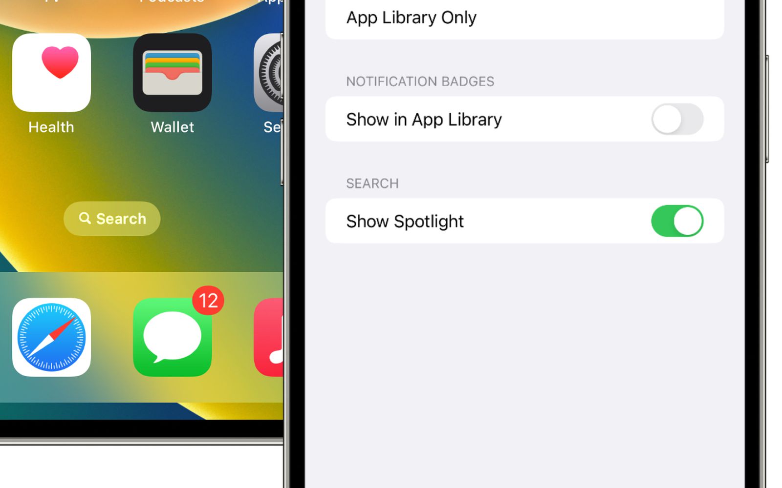 Opção para desativar o atalho do Spotlight na tela inicial do iOS 16