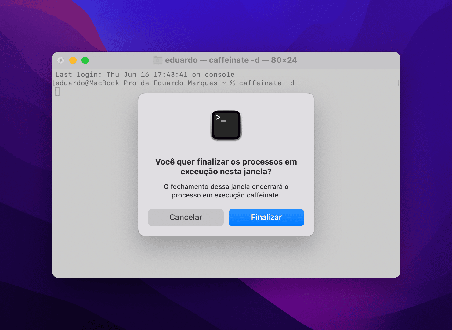 Mantendo a tela do Mac ligada pelo Terminal