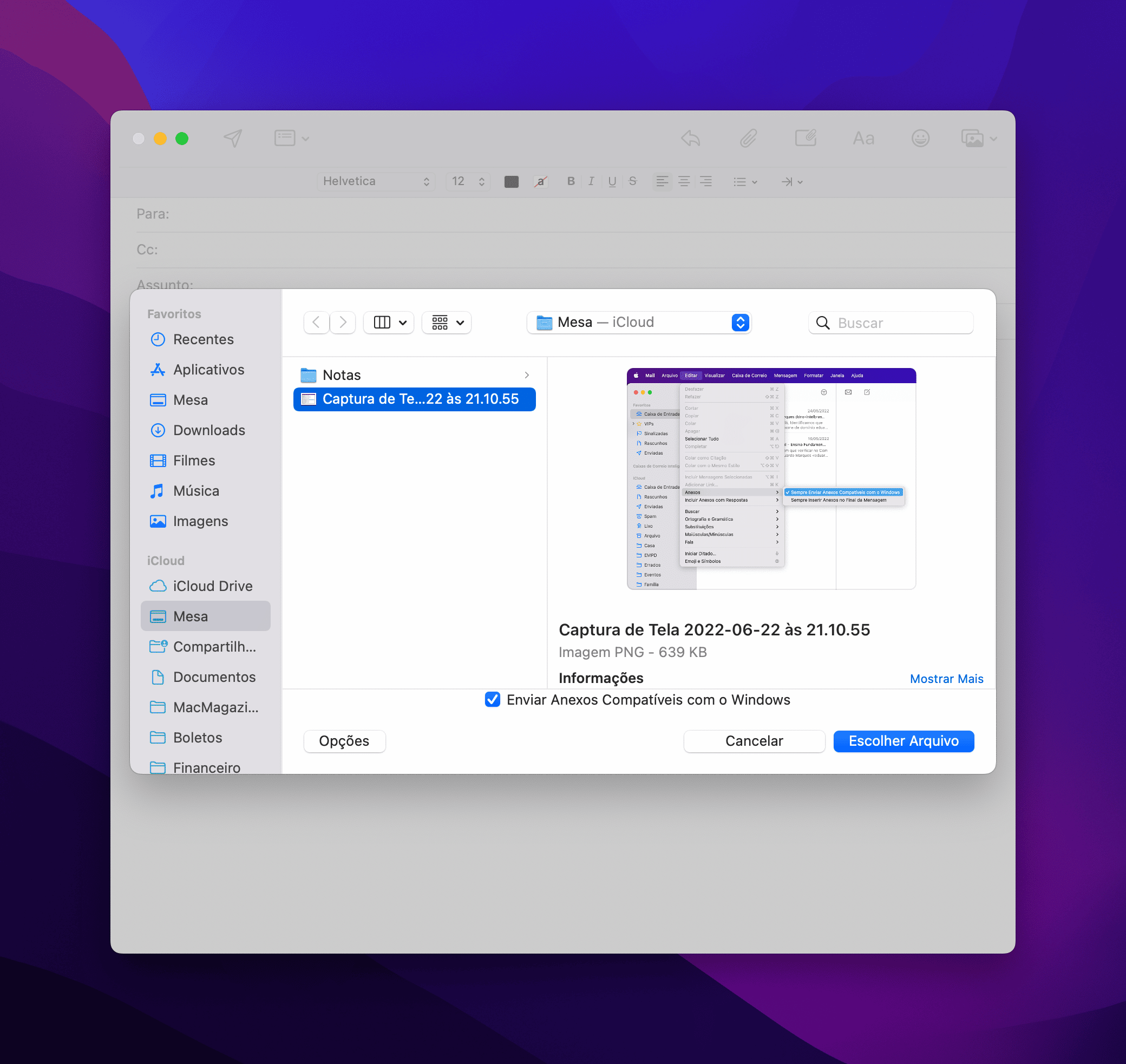 Anexos compatíveis com o Windows no Mail do macOS