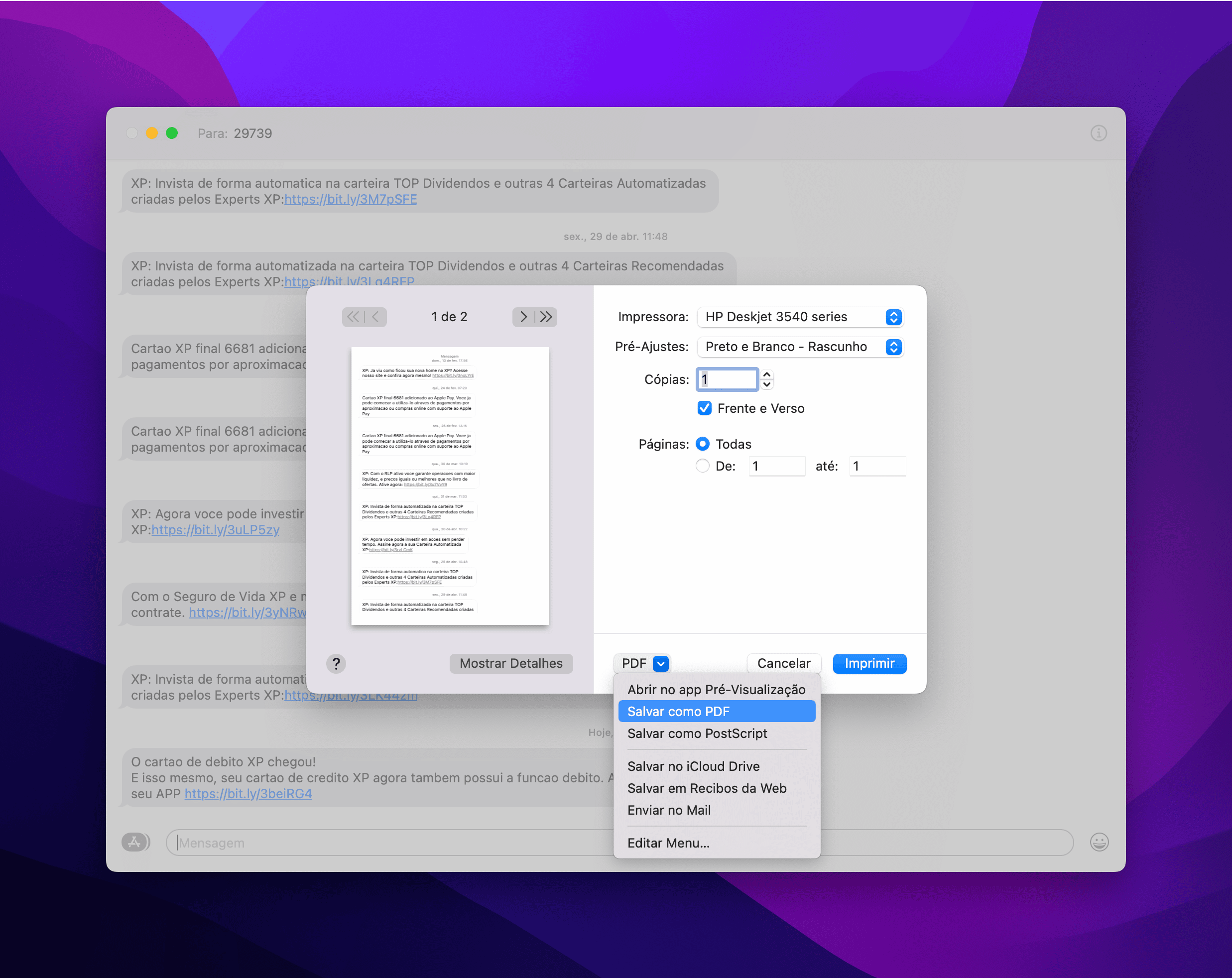 Imprimindo uma conversa do iMessage no Mac