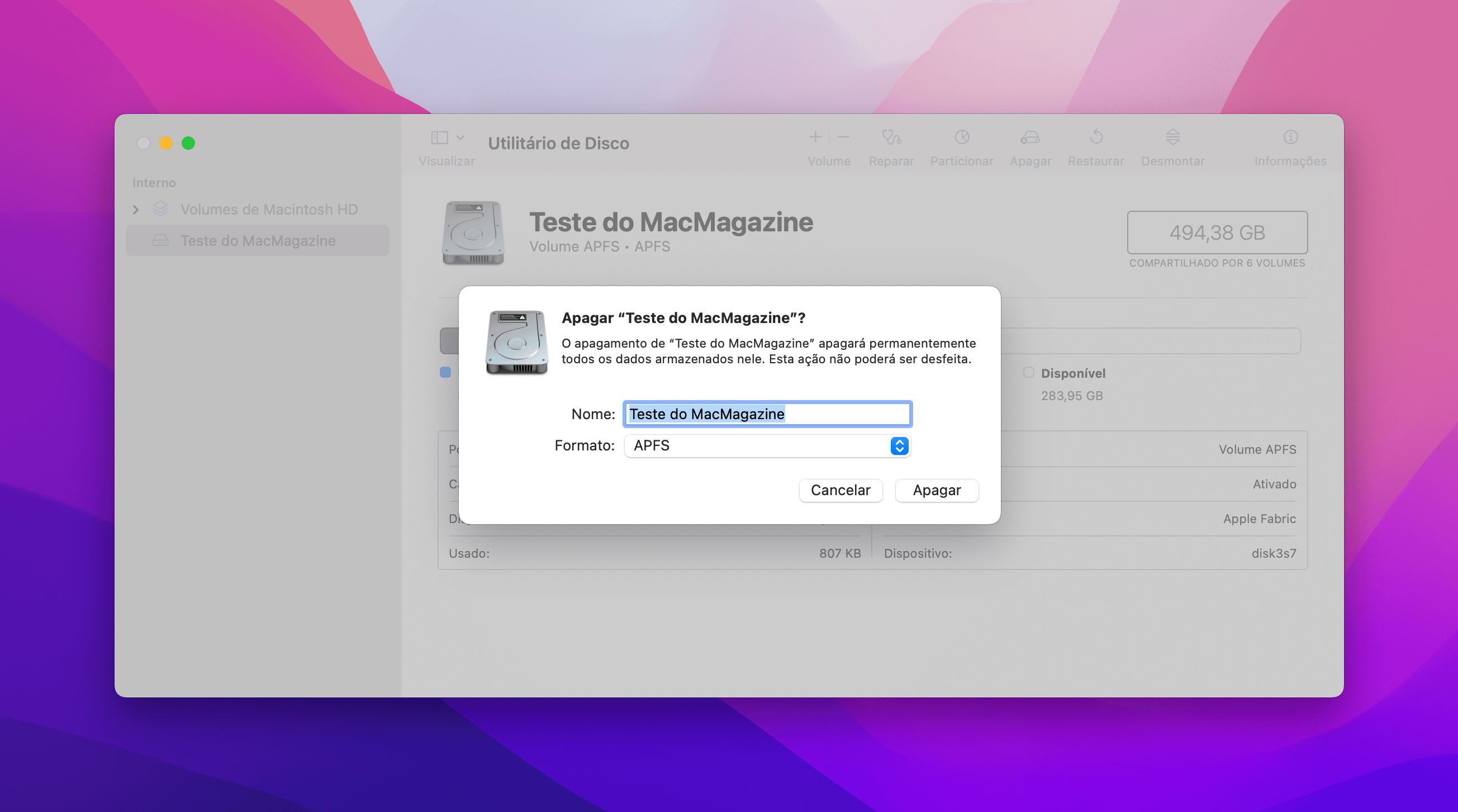 Criando novos volumes no Utilitário de Disco do macOS Monterey