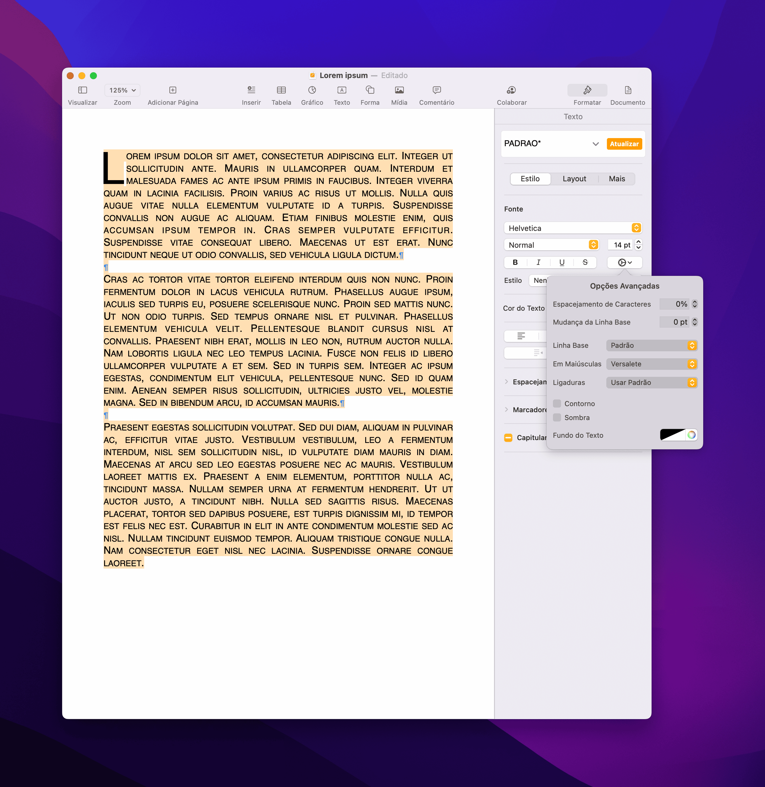 Opções de letras maiúsculas e minúsculas no Pages do macOS