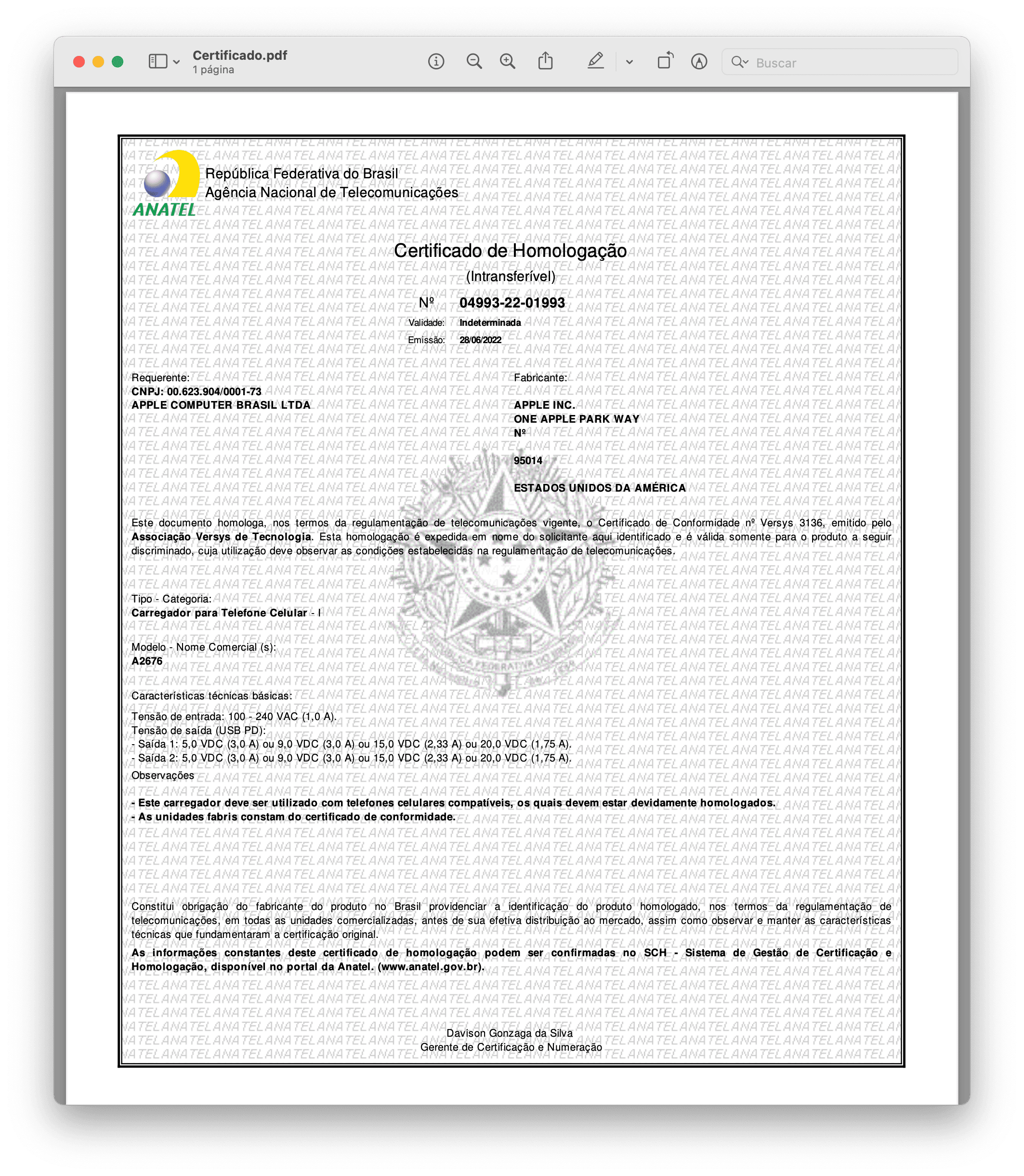 Certificado de homologação do adaptador de 35W da Apple