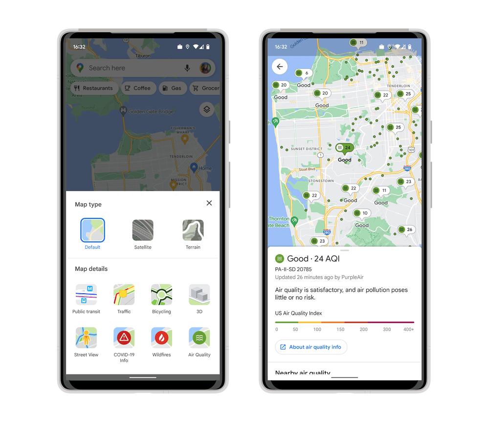 Indicadores de qualidade do ar no Google Maps