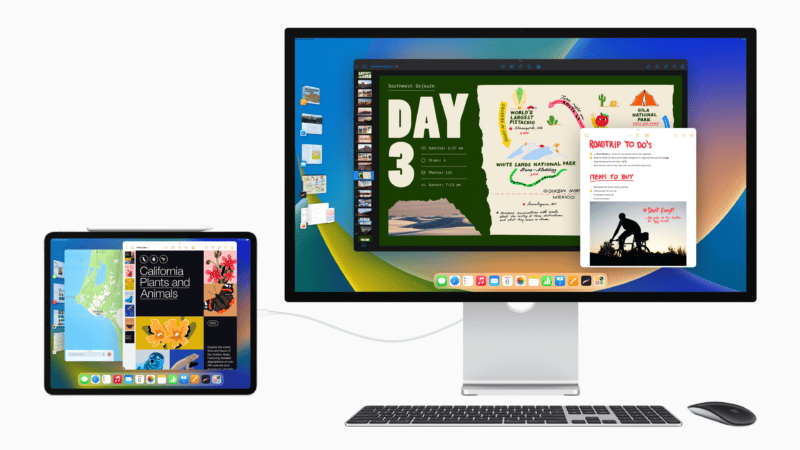 iPadOS 16 num iPad com Apple Studio Display, teclado e mouse usando o Stage Manager