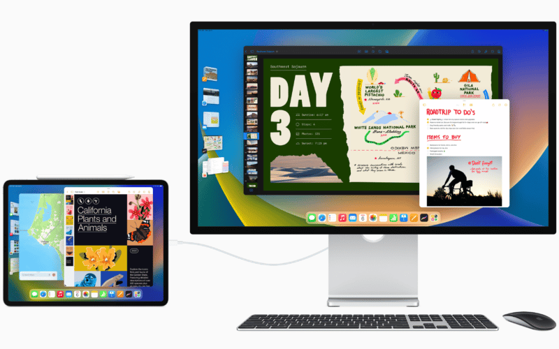 iPadOS 16 num iPad com Apple Studio Display, teclado e mouse usando o Stage Manager