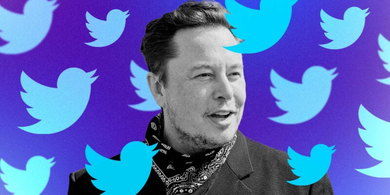 Elon Musk com logos do Twitter