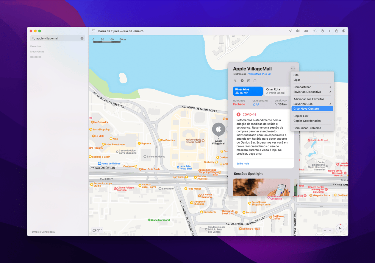 Criando um contato pelo app Mapas no Mac