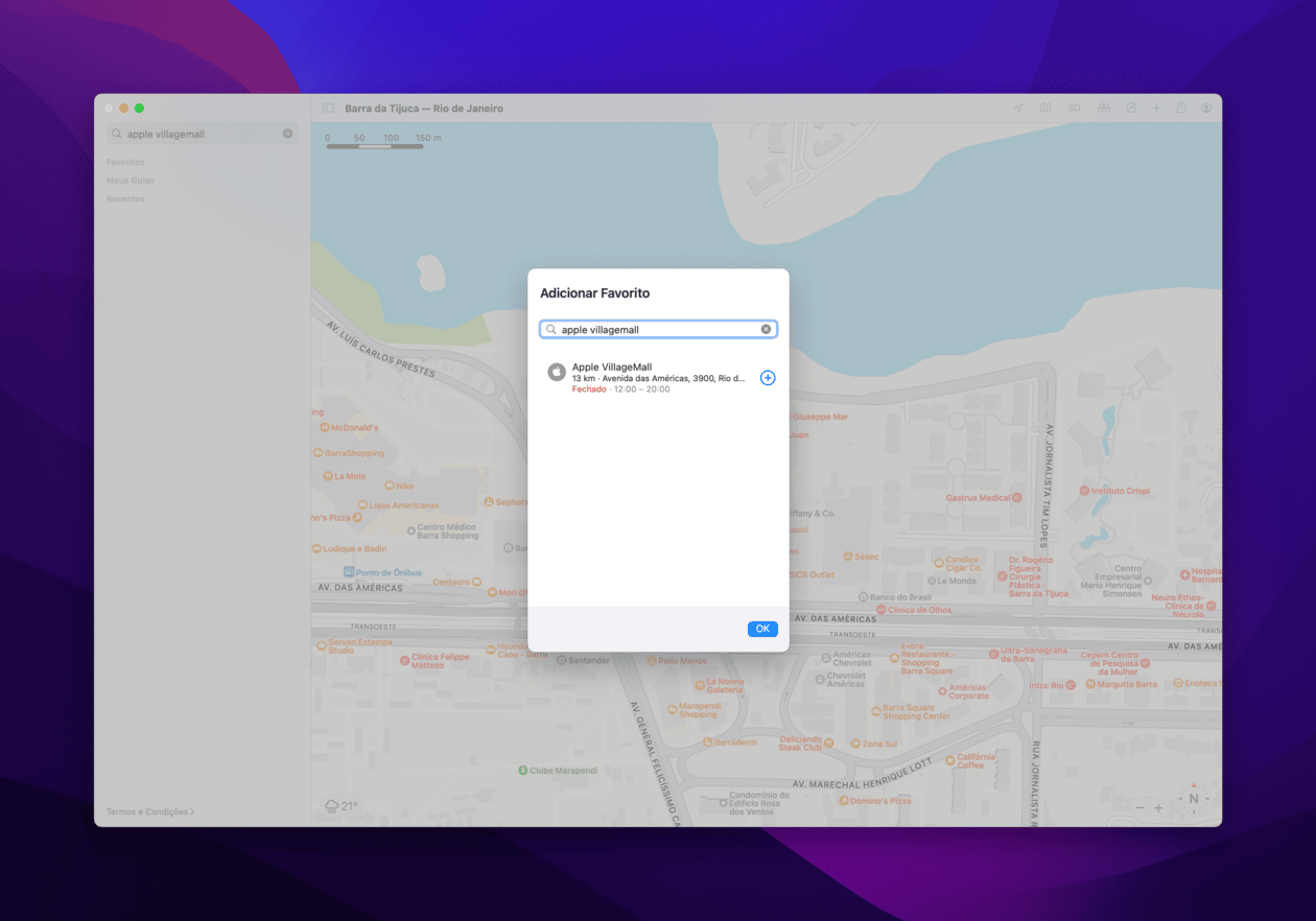 Marcando um lugar no Mapas do Mac como favorito