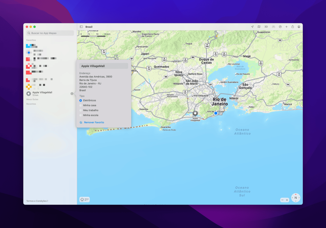 Marcando um lugar no Mapas do Mac como favorito