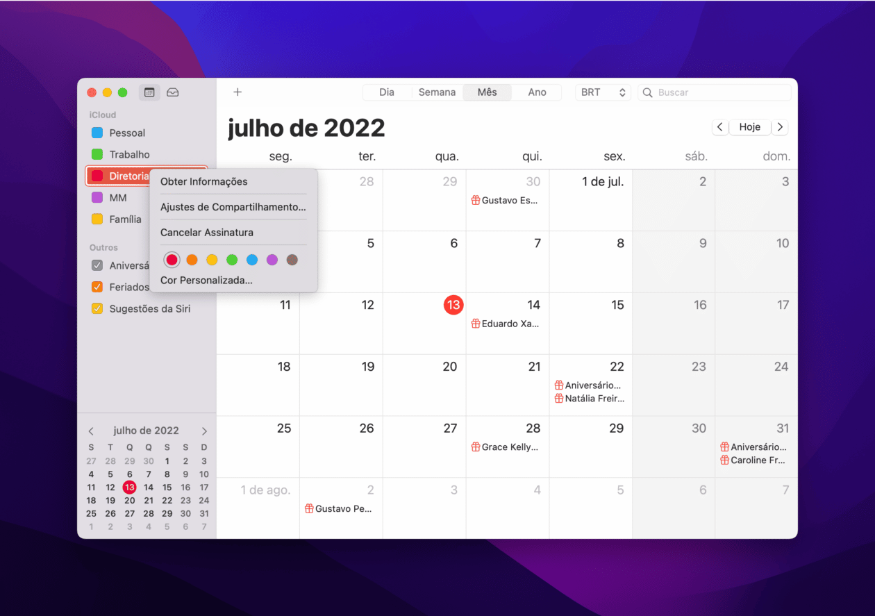 Alterando a cor do calendário no Mac