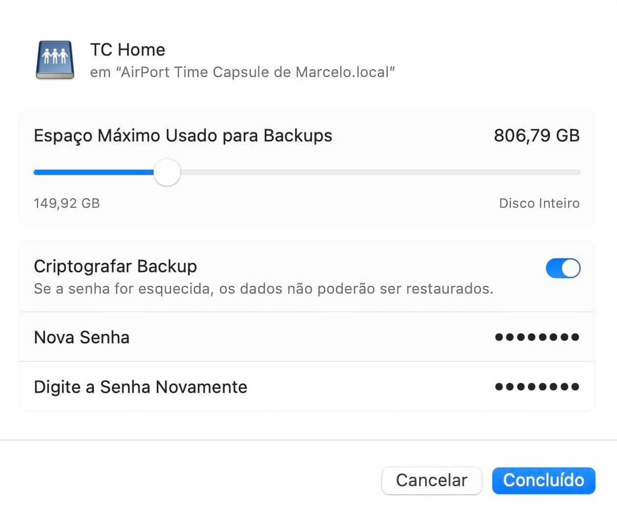 Limite do espaço utilizado por backups em discos de backup no macOS Ventura