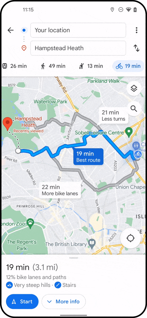 Detalhes de rotas com bicicletas no Google Maps