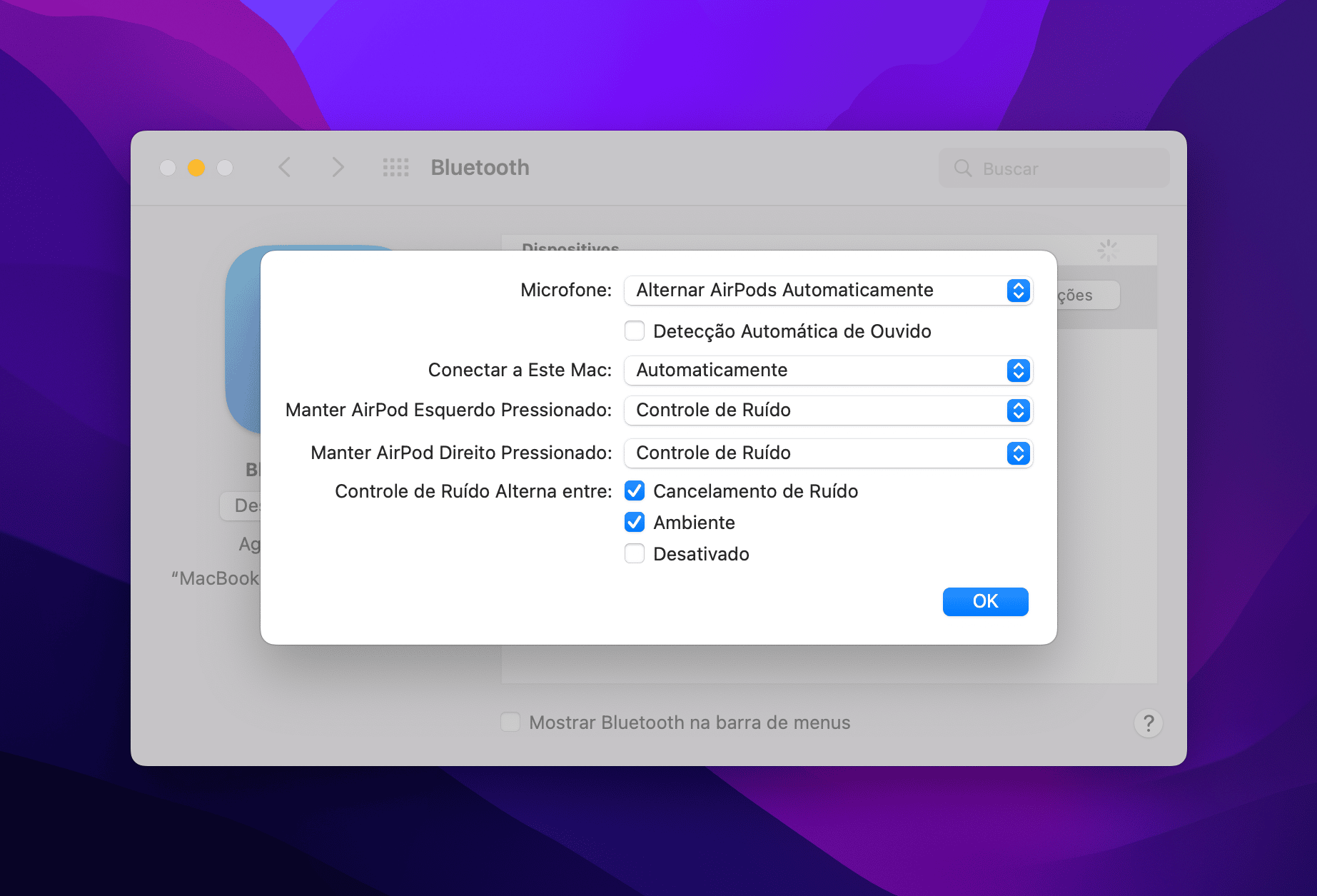 Opções dos AirPods no Mac