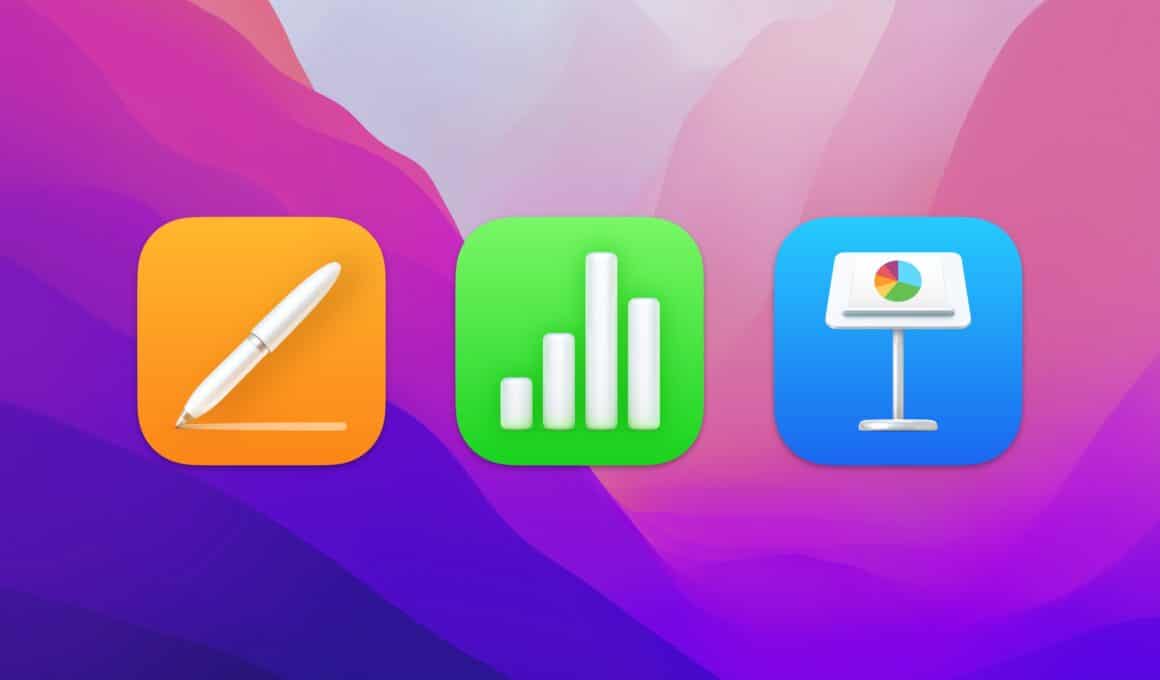 Apps Pages, Numbers e Keynote com fundo do macOS Monterey