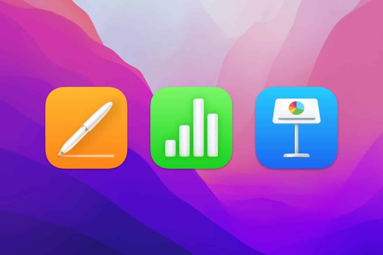 Apps Pages, Numbers e Keynote com fundo do macOS Monterey