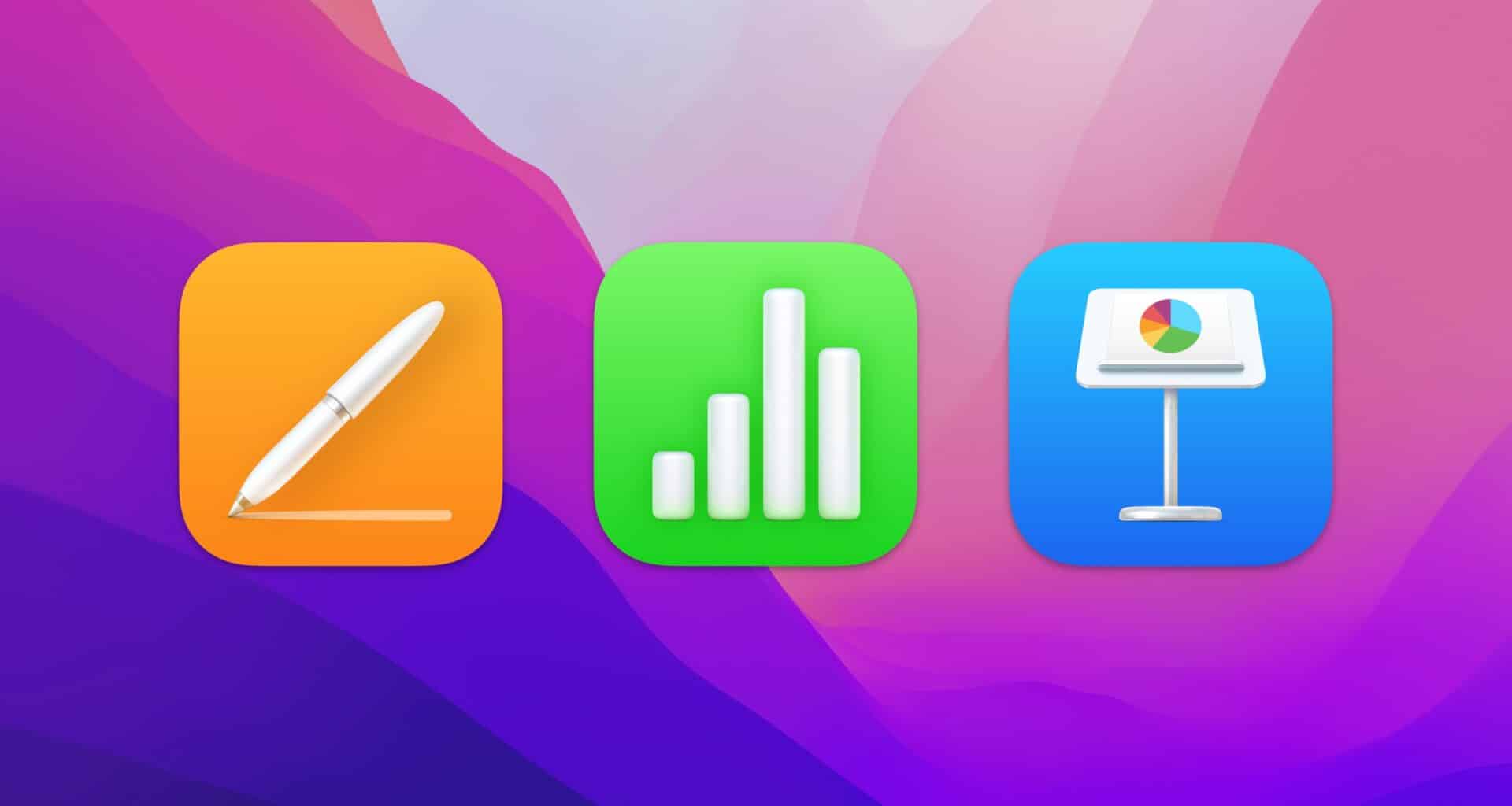 Apps Pages, Numbers e Keynote com fundo do macOS Monterey