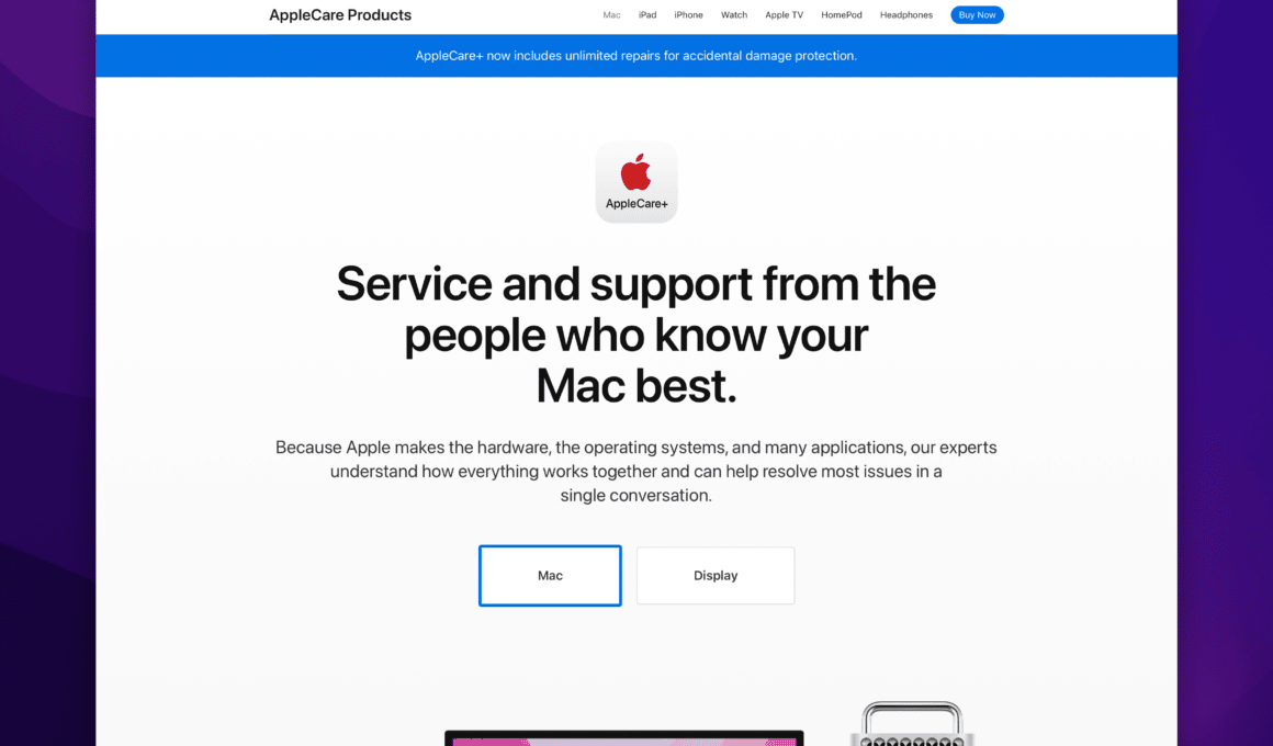 Mensagem no site do AppleCare+