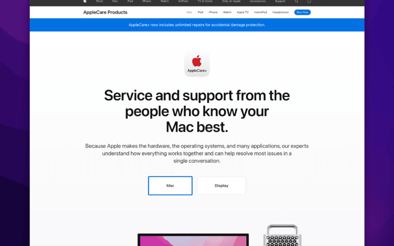 Mensagem no site do AppleCare+