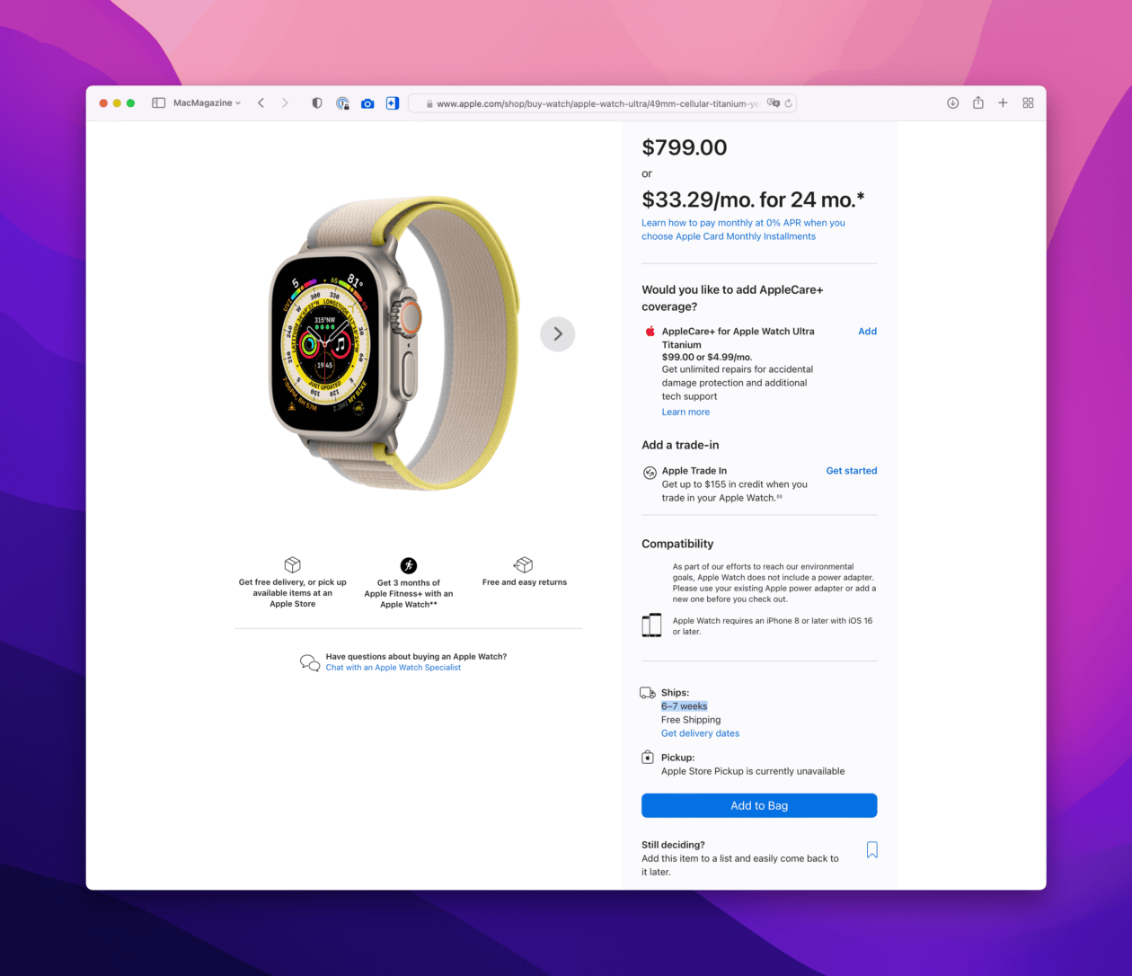 Prazo de entrega do Apple Watch Ultra