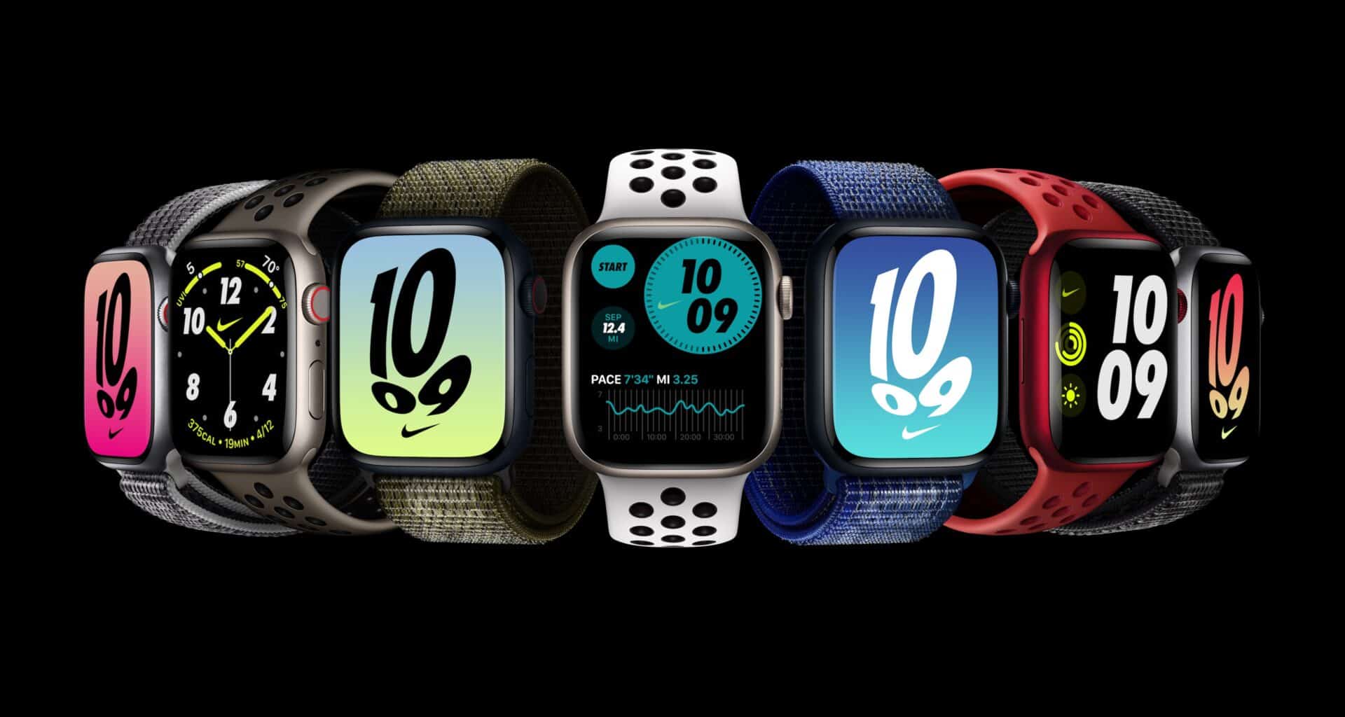 Apple Watch Series 8 com mostradores e pulseiras da Nike