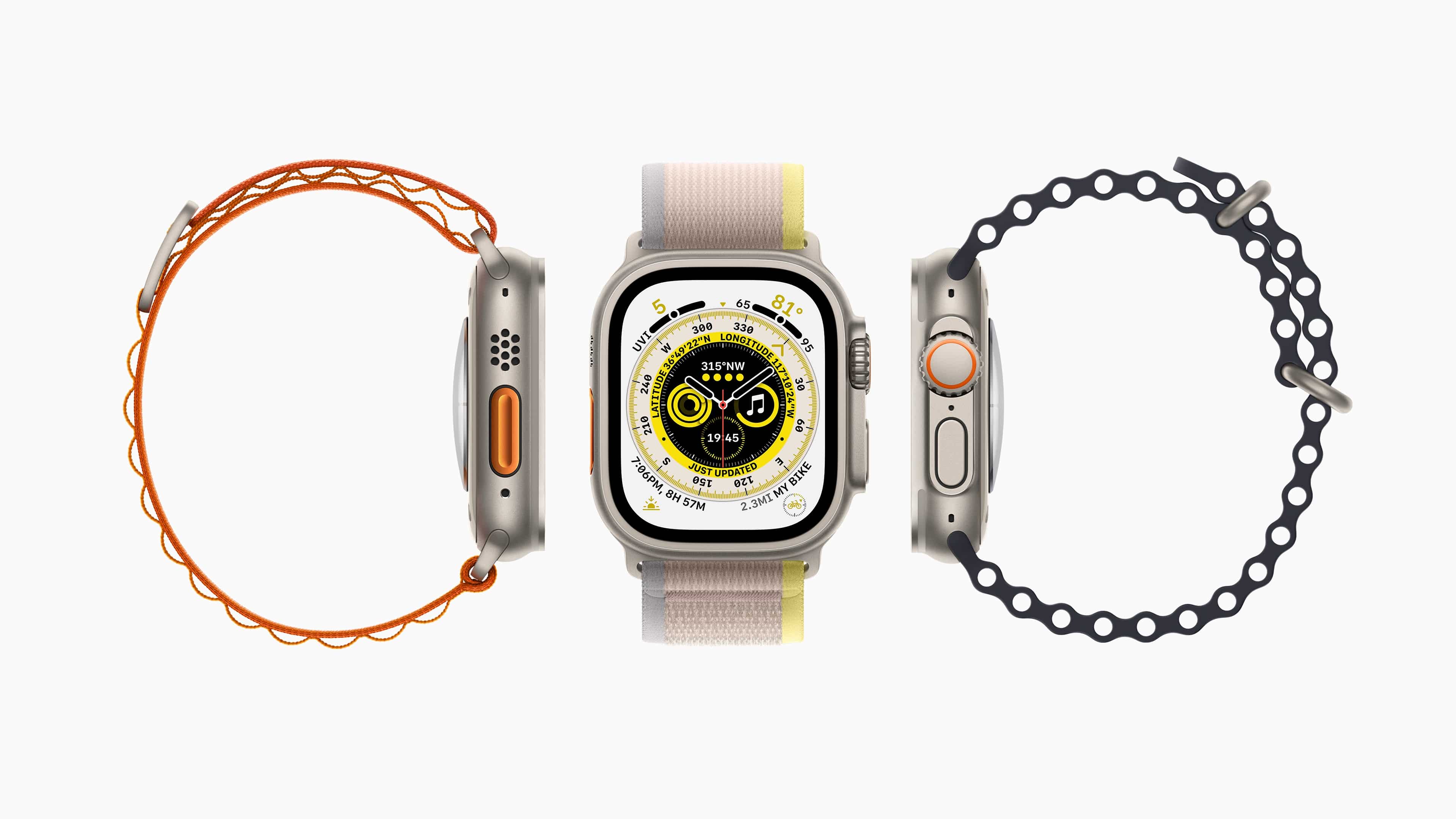 Apple Watch Ultra de frente e de lados