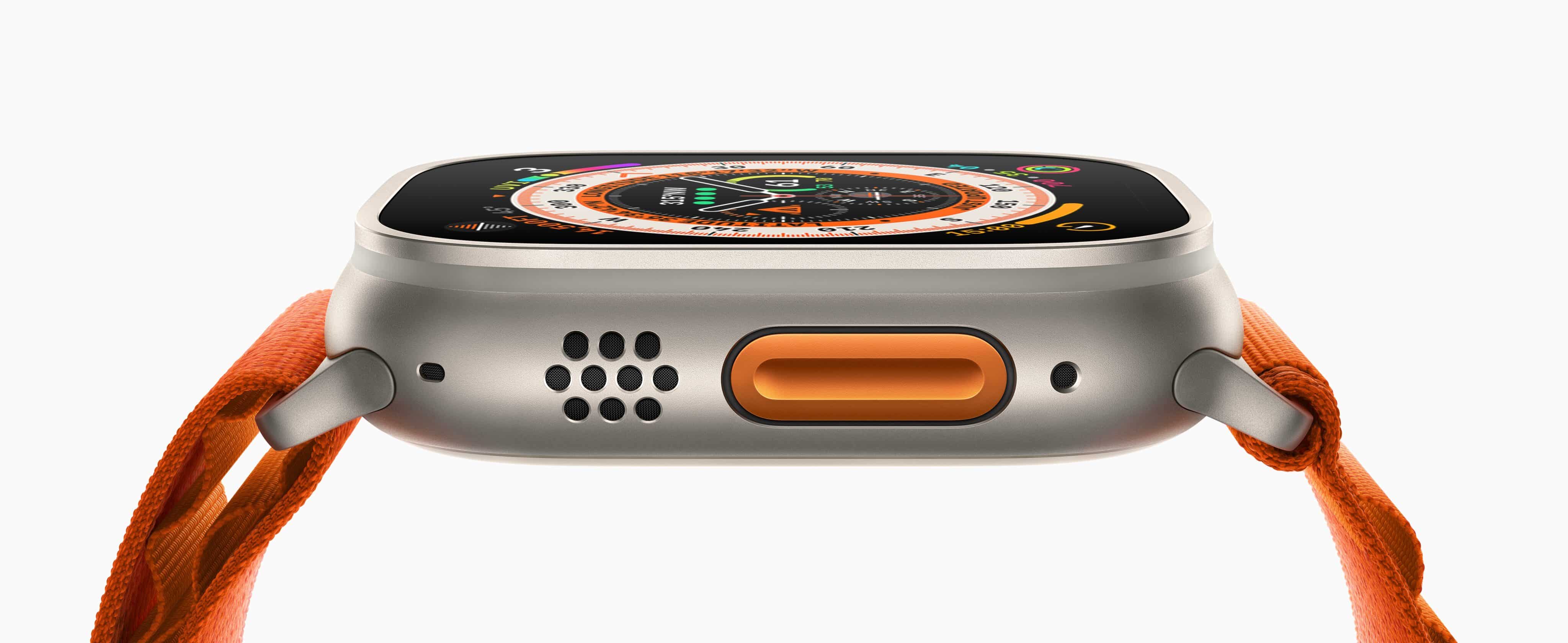 Apple Watch Ultra on the side with orange Alpine loop band