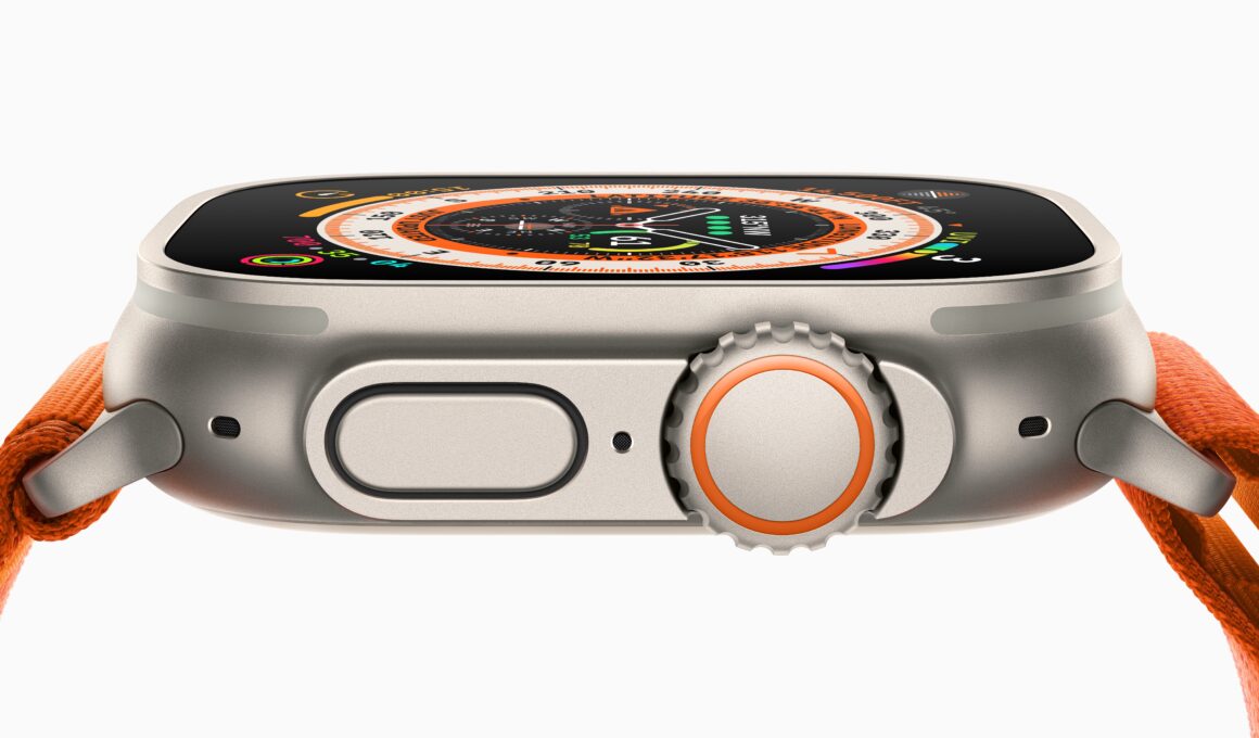 Apple Watch Ultra de lado com pulseira loop Alpina na cor laranja