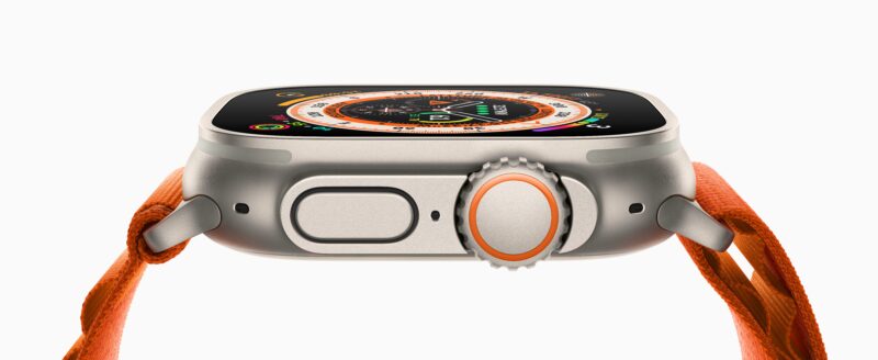 Apple Watch Ultra de lado com pulseira loop Alpina na cor laranja