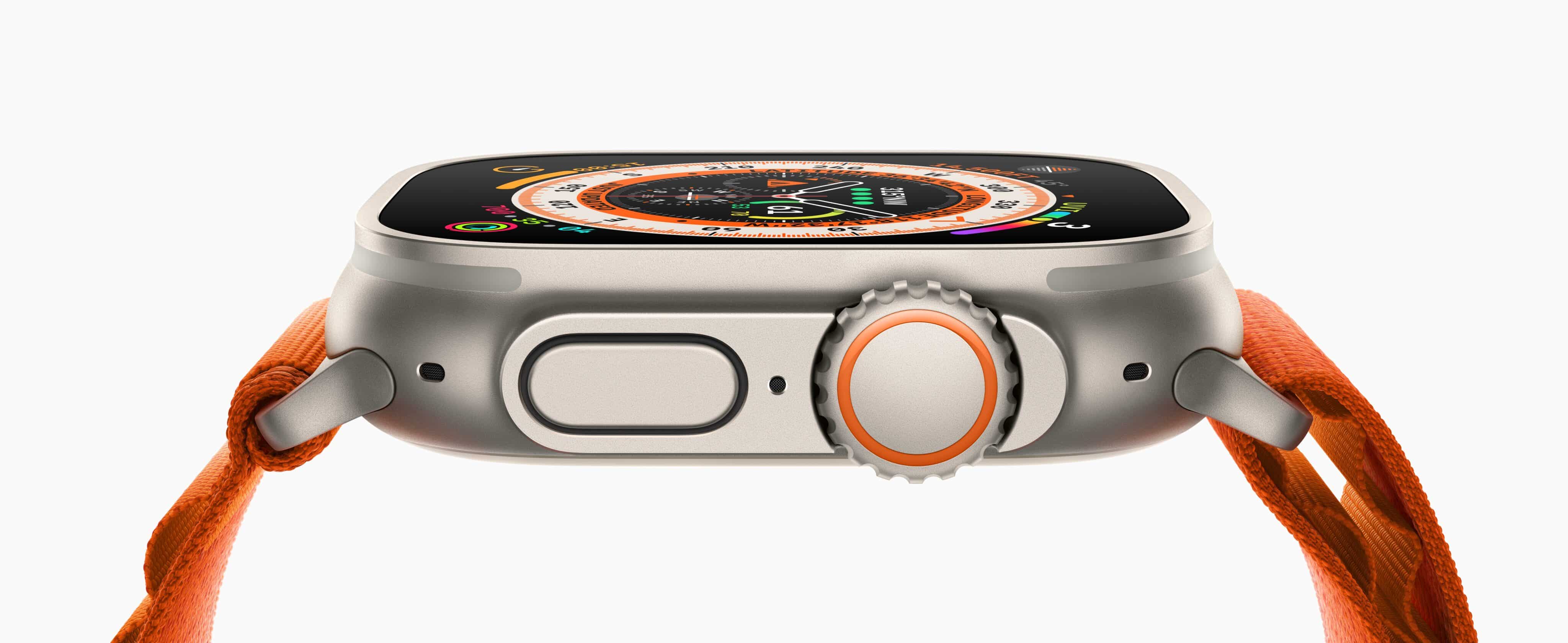 Apple Watch Ultra de lado com pulseira loop Alpina na cor laranja