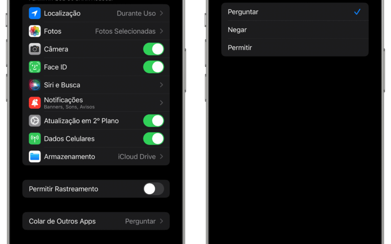 Novo menu com permissão para colar do iOS 16.1